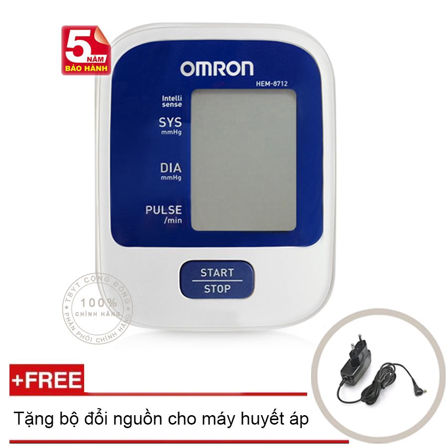 Máy đo huyết áp bắp tay Omron Hem 8712 (Trắng phối xanh) + Tặng bộ đổi nguồn