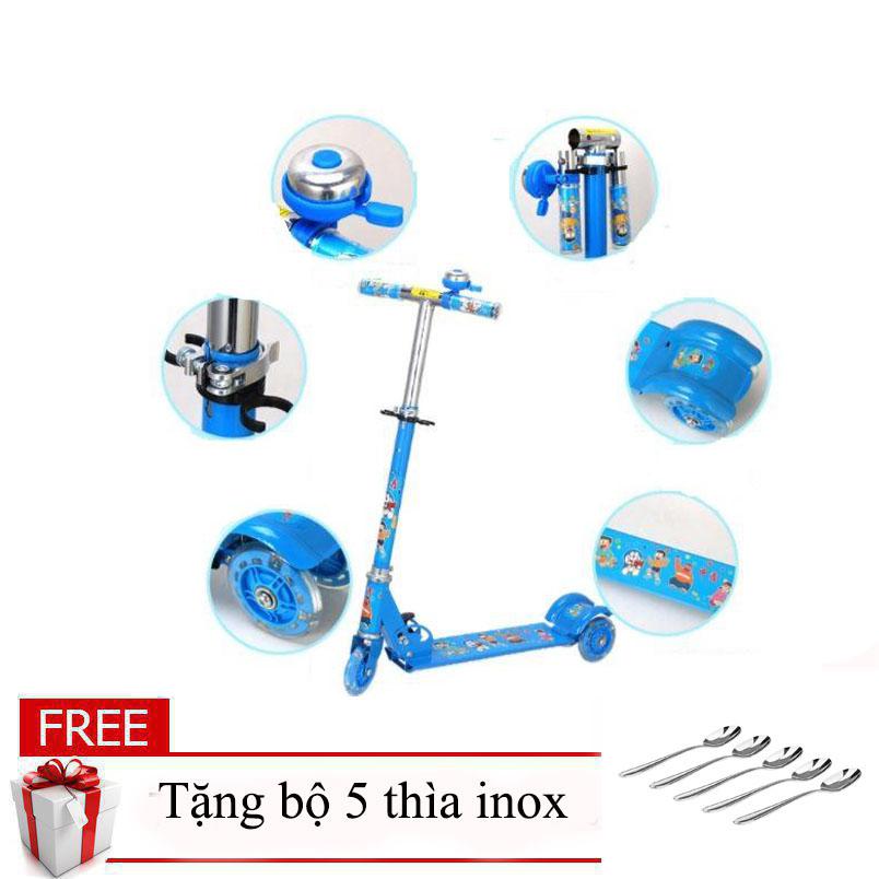 Xe trượt trẻ em 3 bánh gấp gọn có đèn Led và chuông - Xe trượt Scooter cho bé từ 3 - 8 tuổi tải trọng 100kg có 3 bánh+ Tặng bộ 5 thìa inox cao cấp