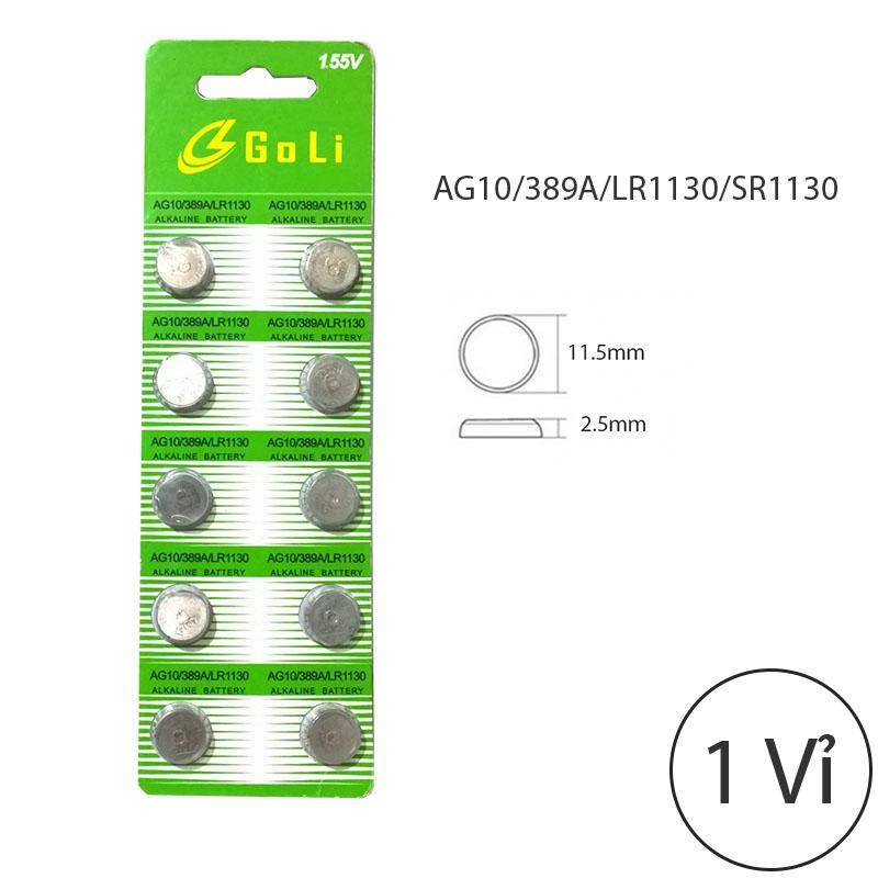 PIN nhỏ cúc áo AG10/389A/LR1130/SR1130 11.5*2.5mm không thủy ngân 1.55Volt (1 vỉ 10 viên)