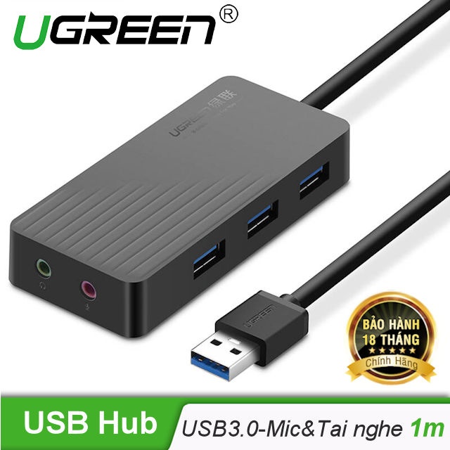 Hub USB 3 cổng 3.0 kèm 2 đầu mic và tai nghe cho âm thanh ngoài UGREEN CR134 Hub USB 3 cổng 3.0 kèm 2 đầu mic và tai nghe cho âm thanh ngoài UGREEN CR134