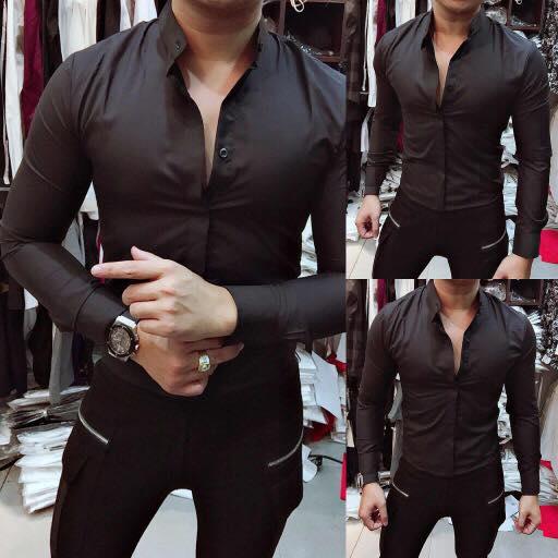 [ Ảnh thật ] Áo sơ mi cổ tàu lụa màu đen, dáng body Hàn Quốc, thời trang nam Tungstore, không nhăn, bám bụi