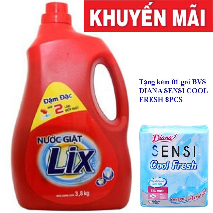 Nước giặt lix đậm đặc chai 3,8kg tặng 01 gói bvs diana sensi cool fresh