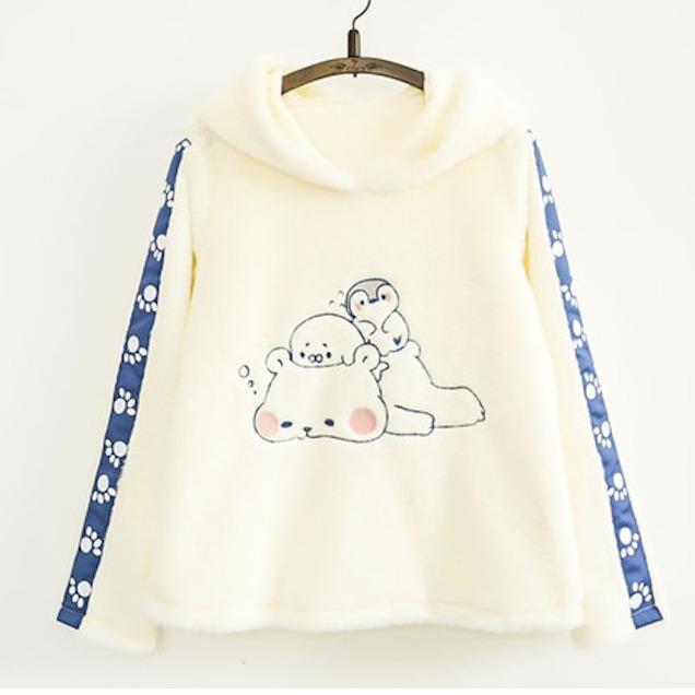 Áo khoác bông hoodie nữ thu đông thêu hình chim cánh cụt, gấu bắc cực LTTA1168
