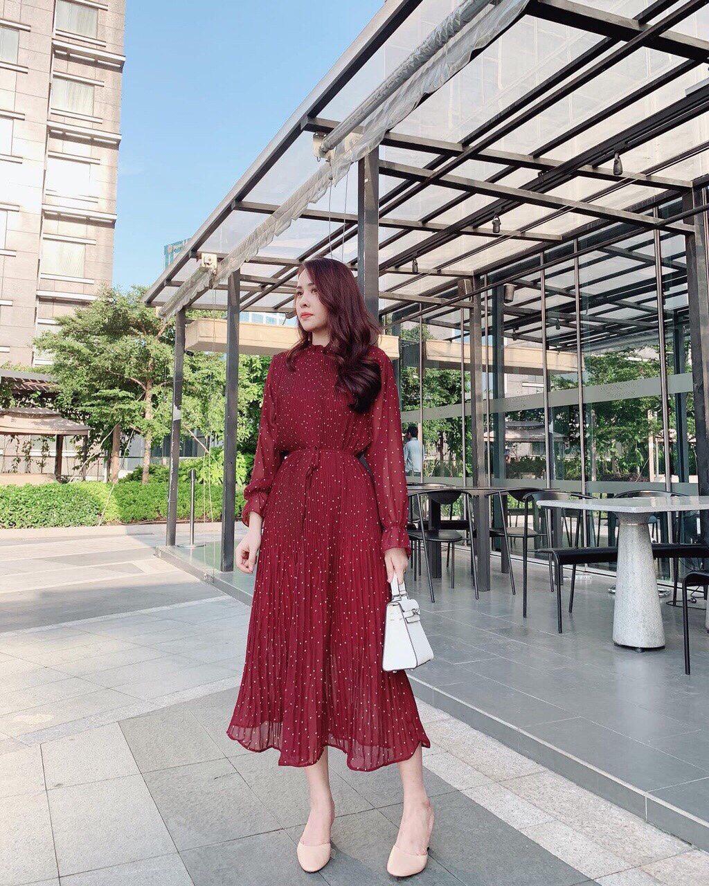 Đầm chấm bi tay dài hàng quảng châu cao cấp