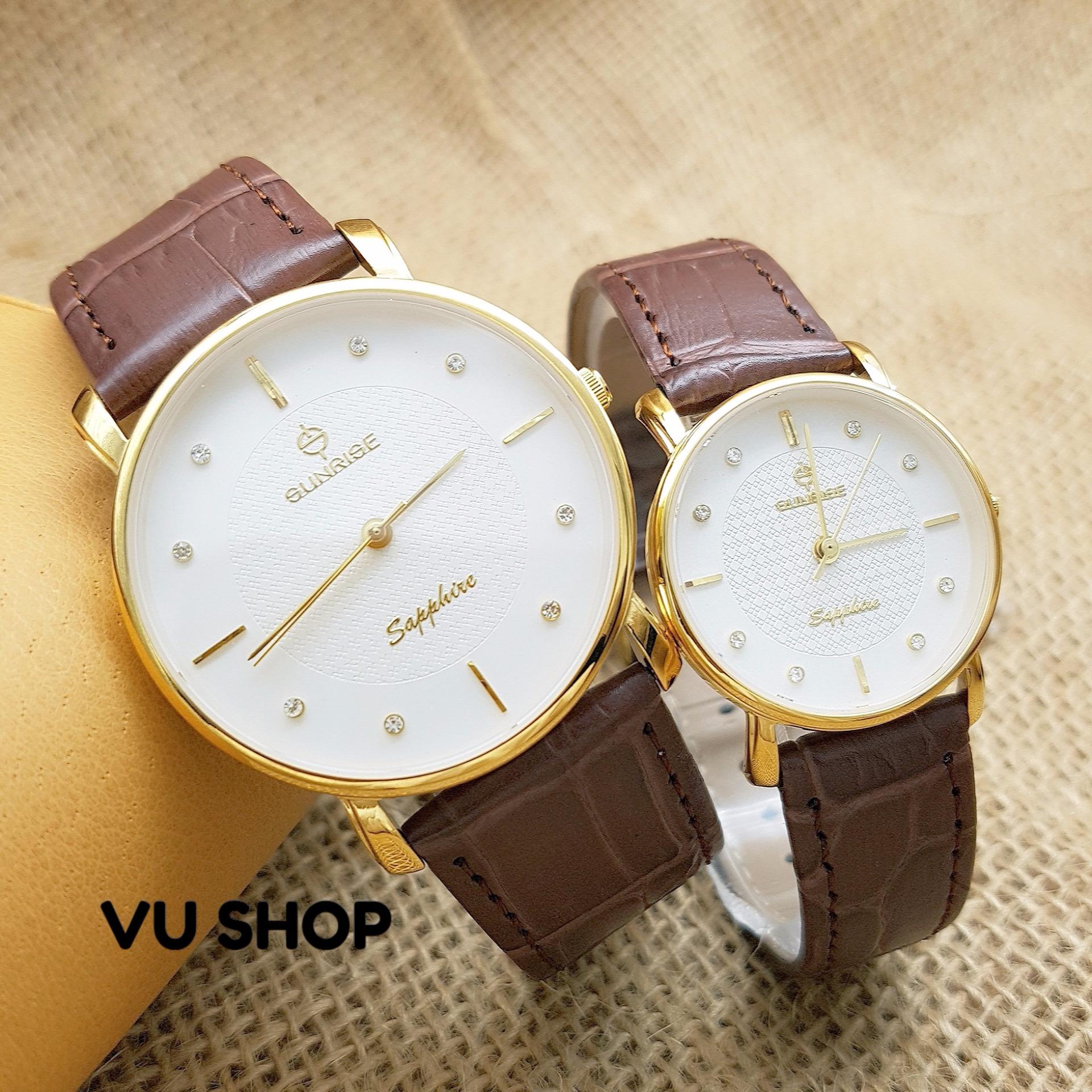 Đồng hồ đôi sunrise dm693 kính sapphires - dây da nâu