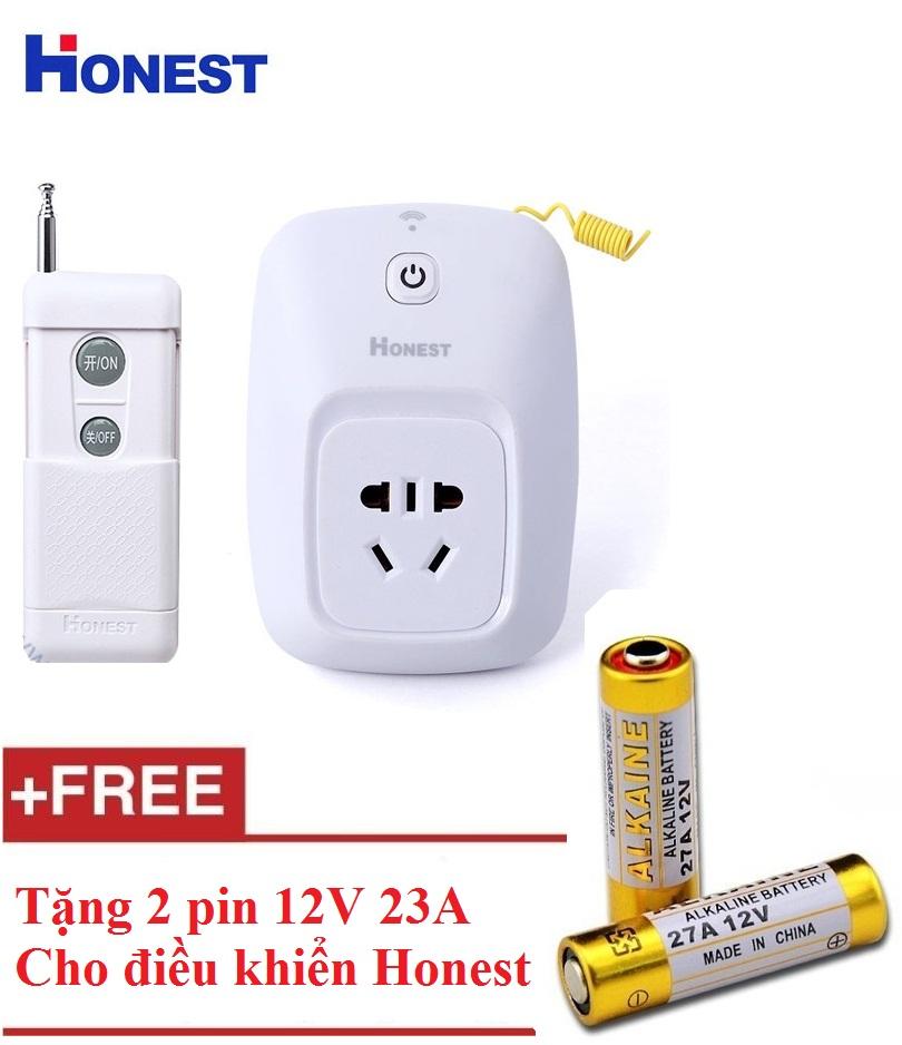 Ổ cắm điều khiển từ xa 1 km công suất lớn Honest HT-6805W + tặng 2 pin 12V 23A, Ổ cắm điều khiển qua sóng RF xuyên tường tiện dụng, khoảng cách thu phát lên đến 1000m
