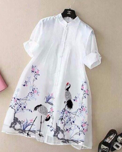 Đầm sơ mi 2 lớp in họa tiết chim hạc - Tặng 2 dây cột tóc xinh xắn cho đơn từ 149k