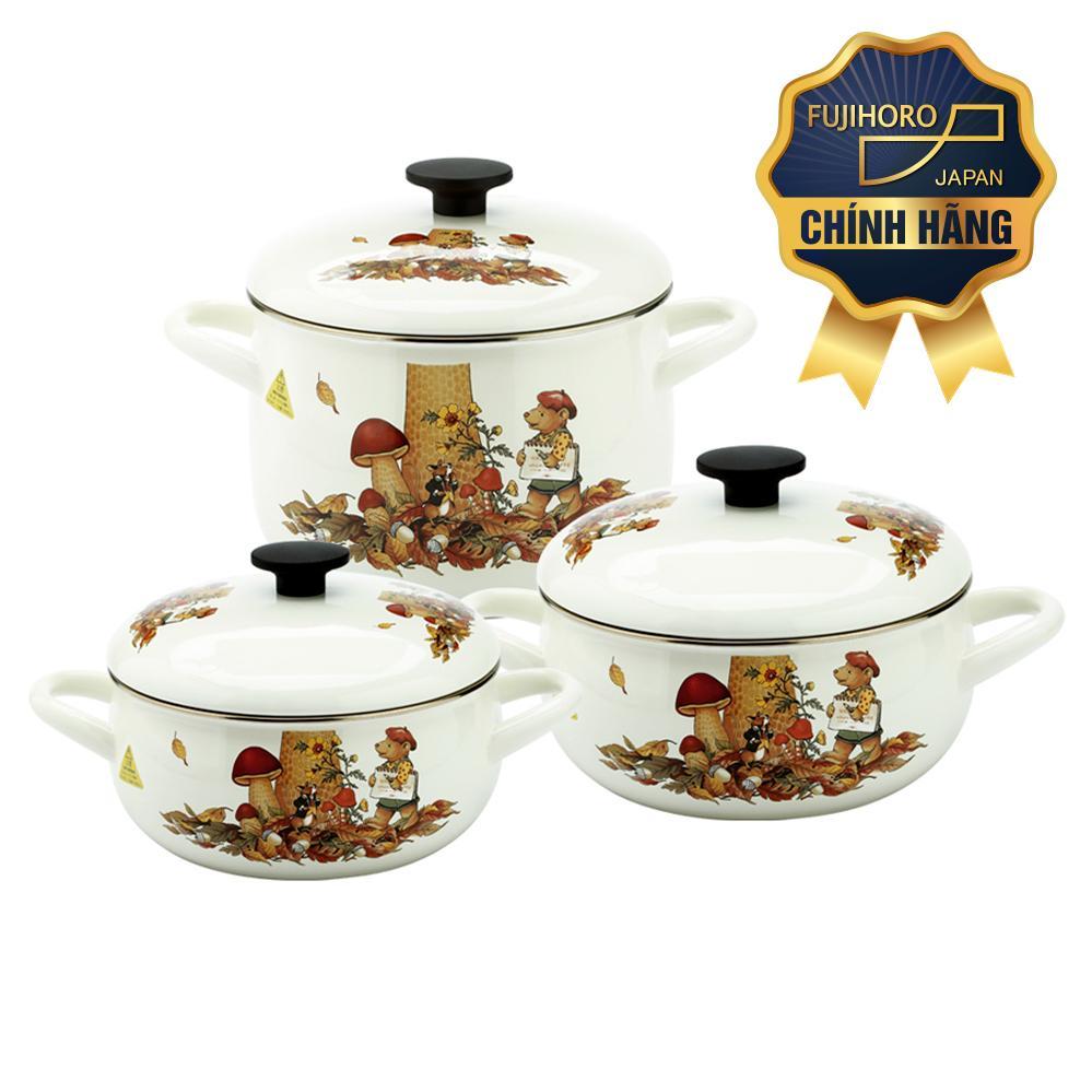 Bộ 3 nồi tráng men Nhật Bản cao cấp Fujihoro - sử dụng bếp từ.nhập khẩu THÁI LAN.Tặng 1 vá canh và 5 muỗng inox