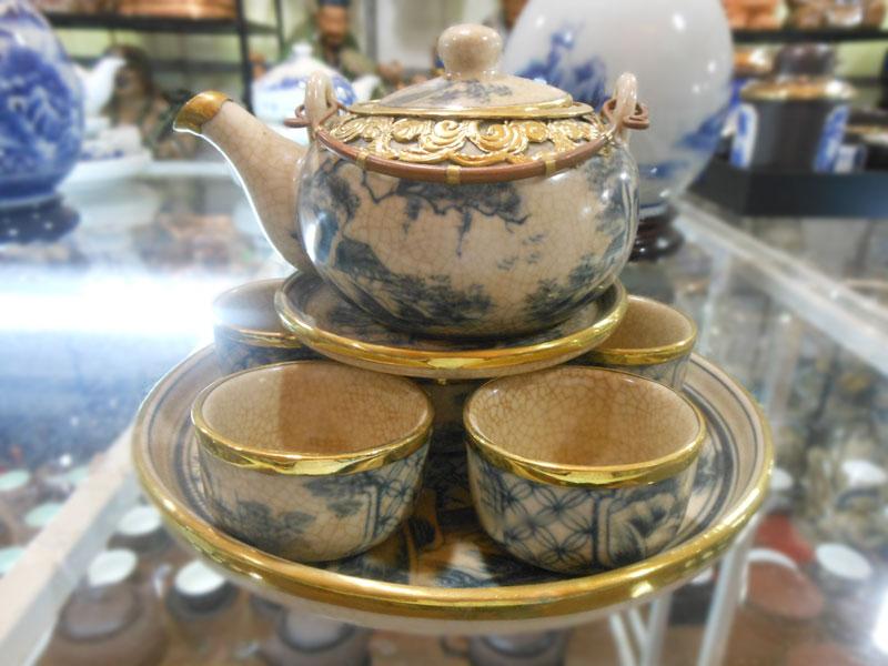 Bộ ấm chén Bát Tràng men rạn giả cổ bọc đồng AC02