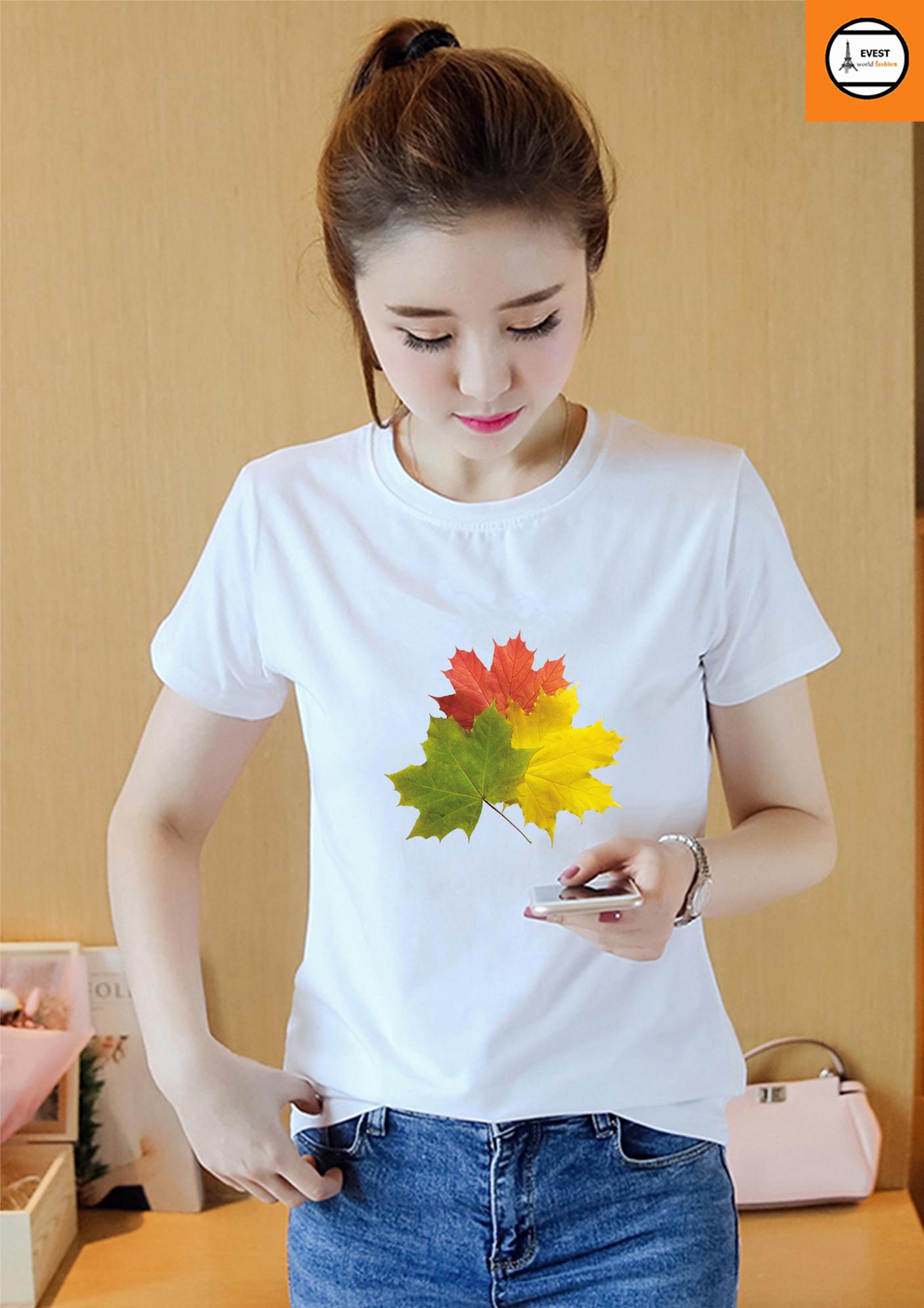 [HCM]Áo thun nữ cổ tròn in hình lá mùa thu form rộng vải dày mịn AoK1695