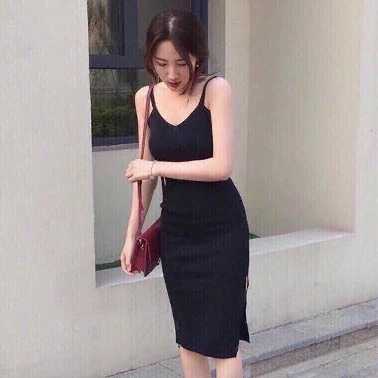 Đầm thun body 2 dây xẻ tà