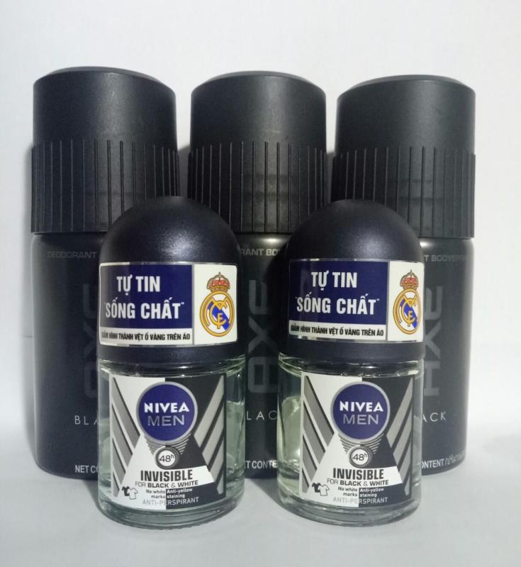 Combo 05 món: 03 chai xịt khử mùi Axe (Black or Gold) 50ml + 02 chai lăn khử mùi Nivea nam 12ml tốt nhất