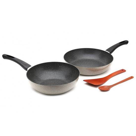 Bộ 2 chảo vân đá cookplus hard&light và 2 muống gỗ lock&lock lhb9265s4