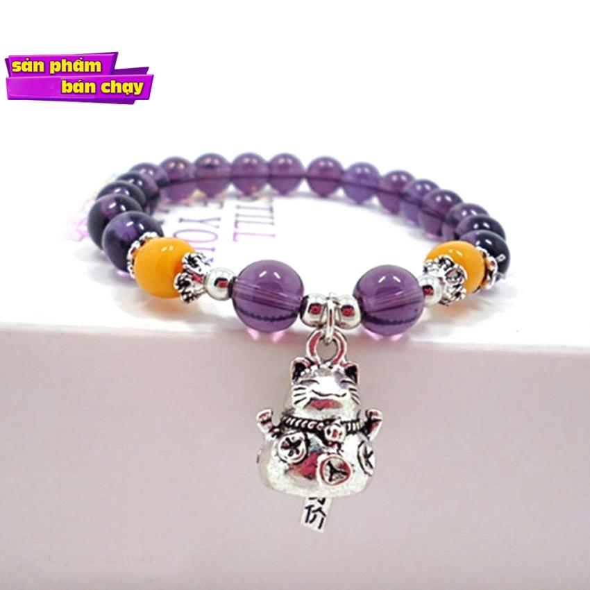 Vòng tay phong thủy mèo may mắn đá thạch anh tím CB-S403