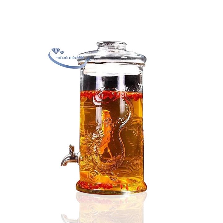 Bình ngâm rượu thủy tinh 10 lít dáng trụ hoa văn rồng - có van