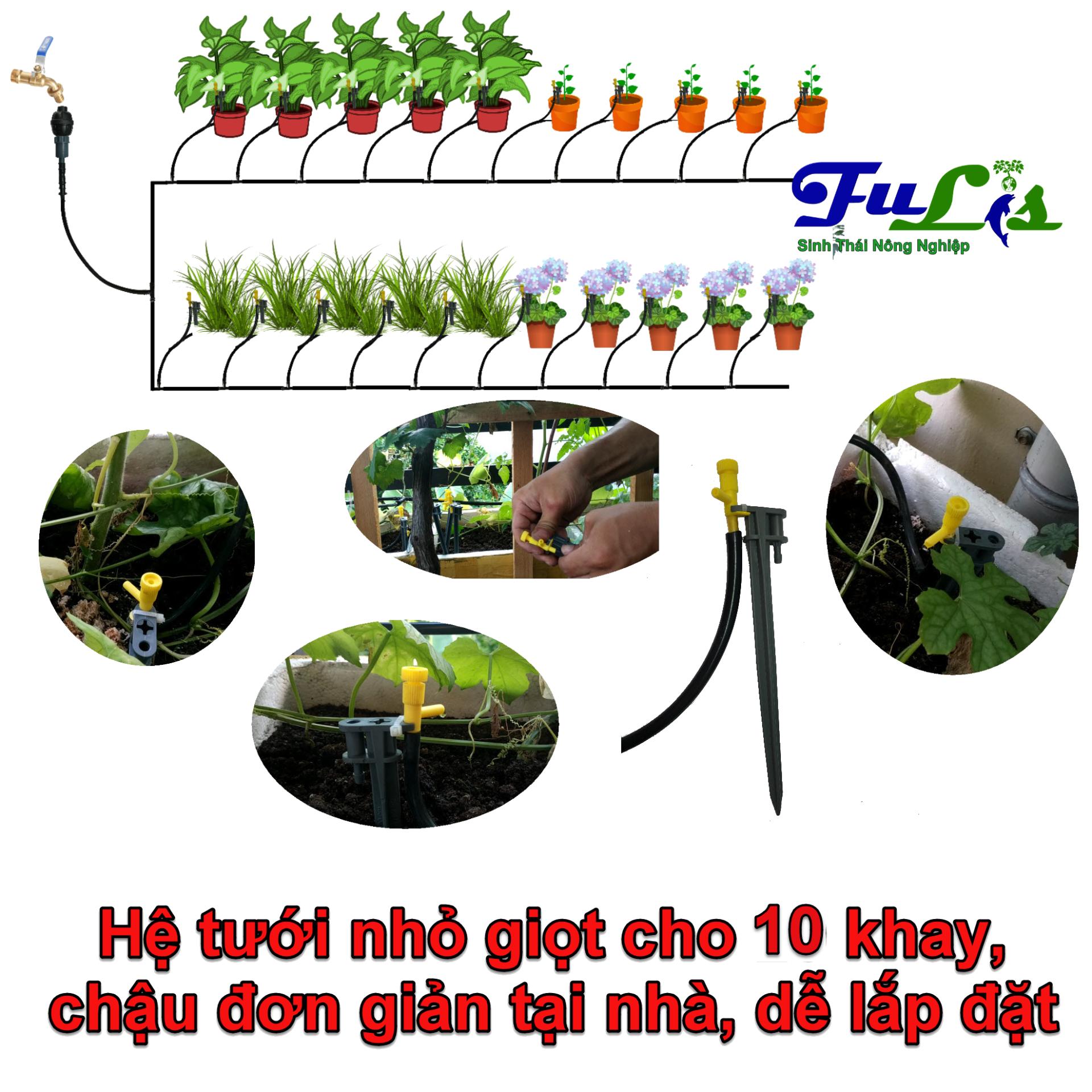 Hệ thống 10 béc tưới nhỏ giọt trồng rau đô thị, tiết kiệm nước fl10, dành cho 10 khay rau, chậu kiểng