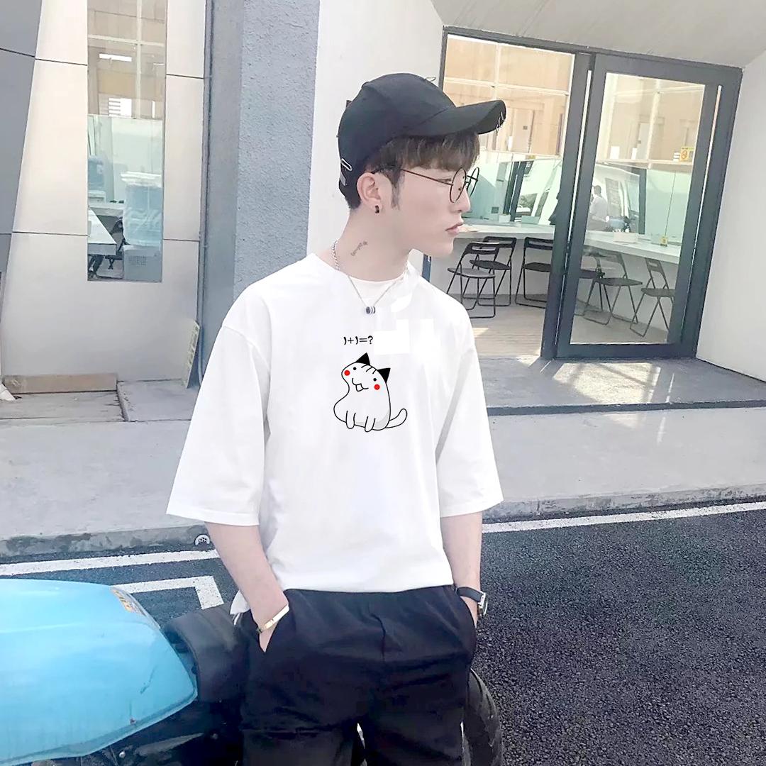 [Hoàn Tiền 15%] Áo thun nam tay lỡ Hàn Quốc in hình mèo ngốc nghếch tập cộng vải dày mịn TEEWOTL4