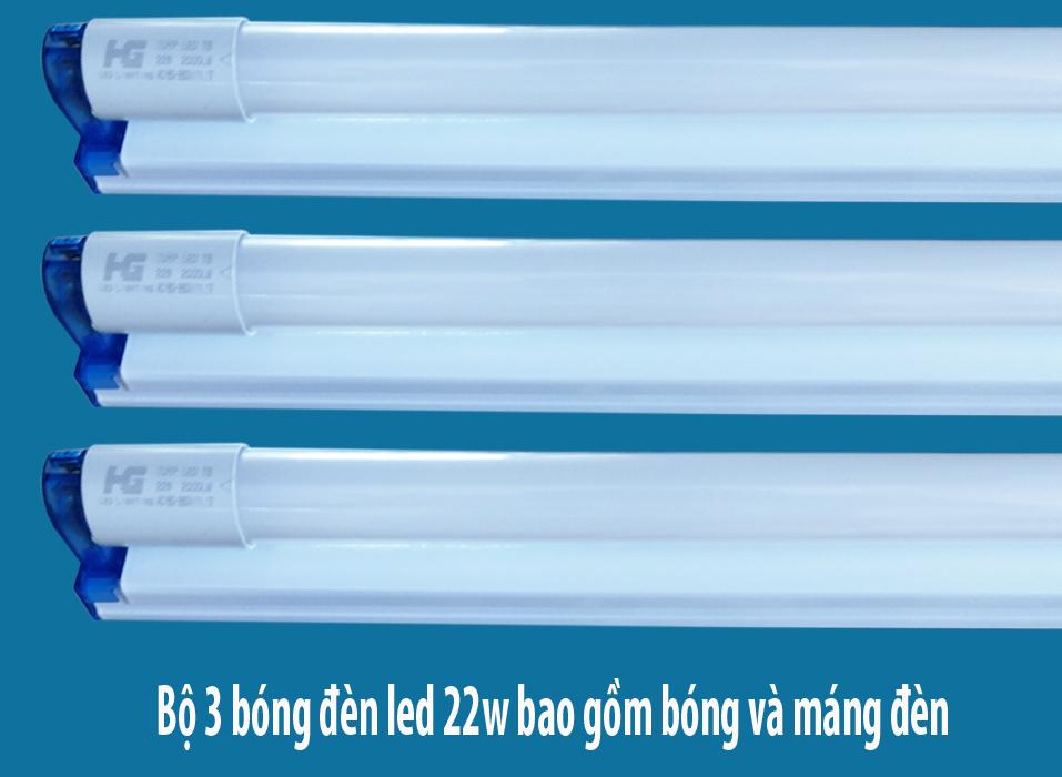 Bộ 3 đèn led tuýp thủy tinh 22w 1,2m ánh sáng trắng và máng đèn nắp rời 1,2m