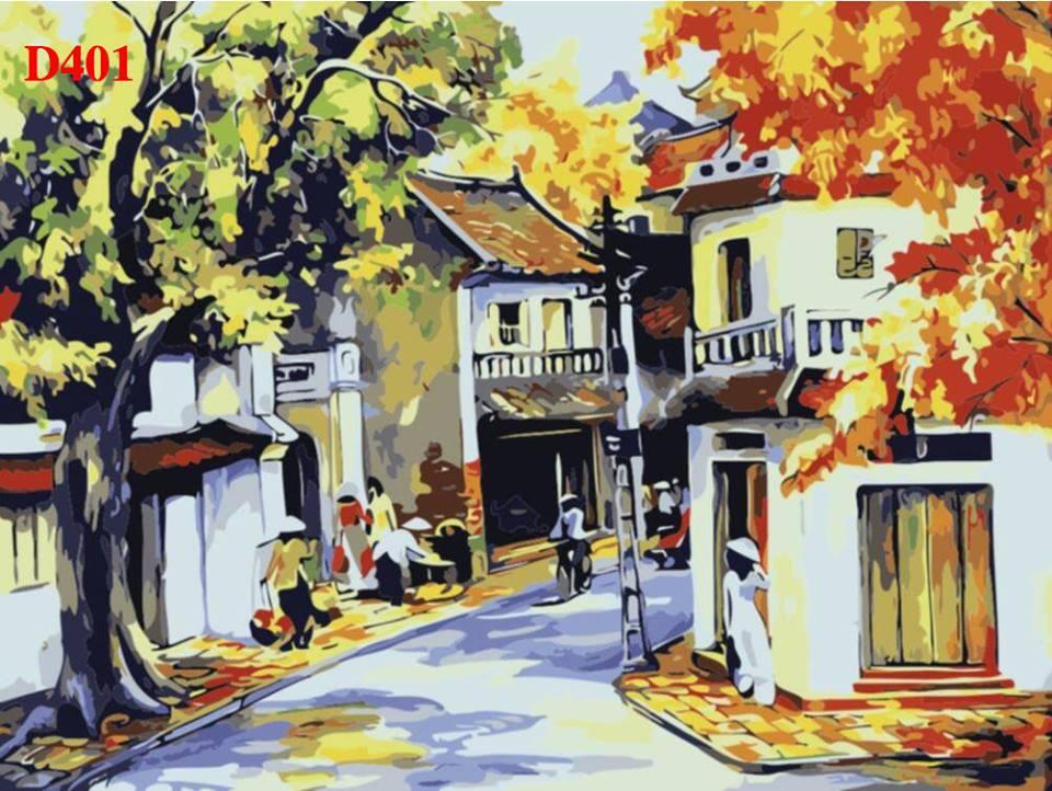 Tranh sơn dầu số hóa tự tô - ms401 phố cổ hn 40x50cm có khung