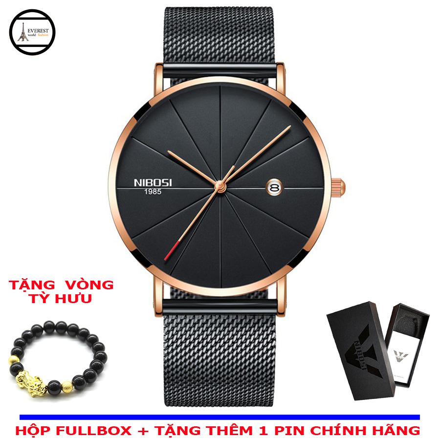Đồng hồ nam, đồng hồ Nibosi 2321 dây lưới đen viền vàng, hàng fullbox, thép không gỉ + vòng tùy hưu phong thủy