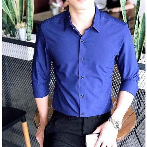 Áo sơ mi nam trơn dài tay Hàn Quốc chất lụa siêu mát (màu Xanh Cô Ban)