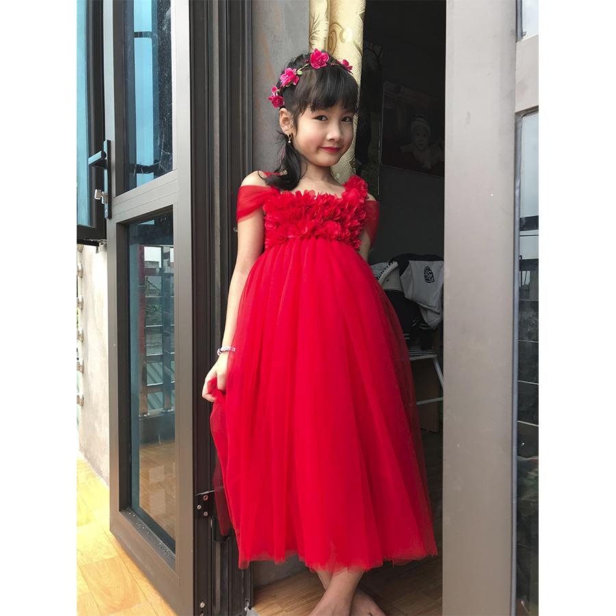 váy tutu công chúa hoa dải đỏ trễ vai cho bé yêu