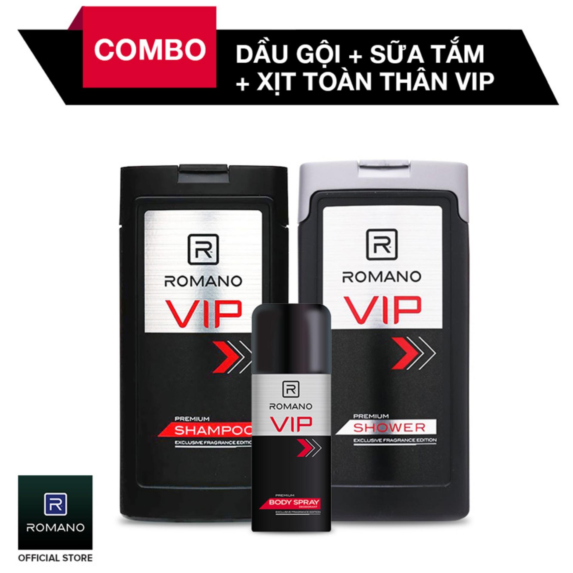 Bộ Dầu gội Romano VIP 180G + Sữa tắm VIP 180G + Xịt khử mùi VIP 150ML