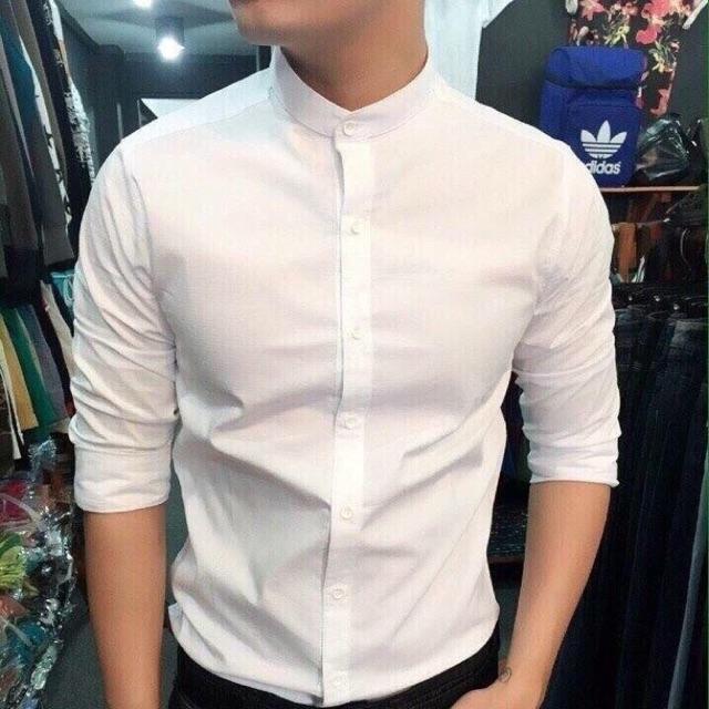 Áo Sơ mi nam cổ tàu Màu Trắng dáng ôm body hàn quốc,không nhăn
