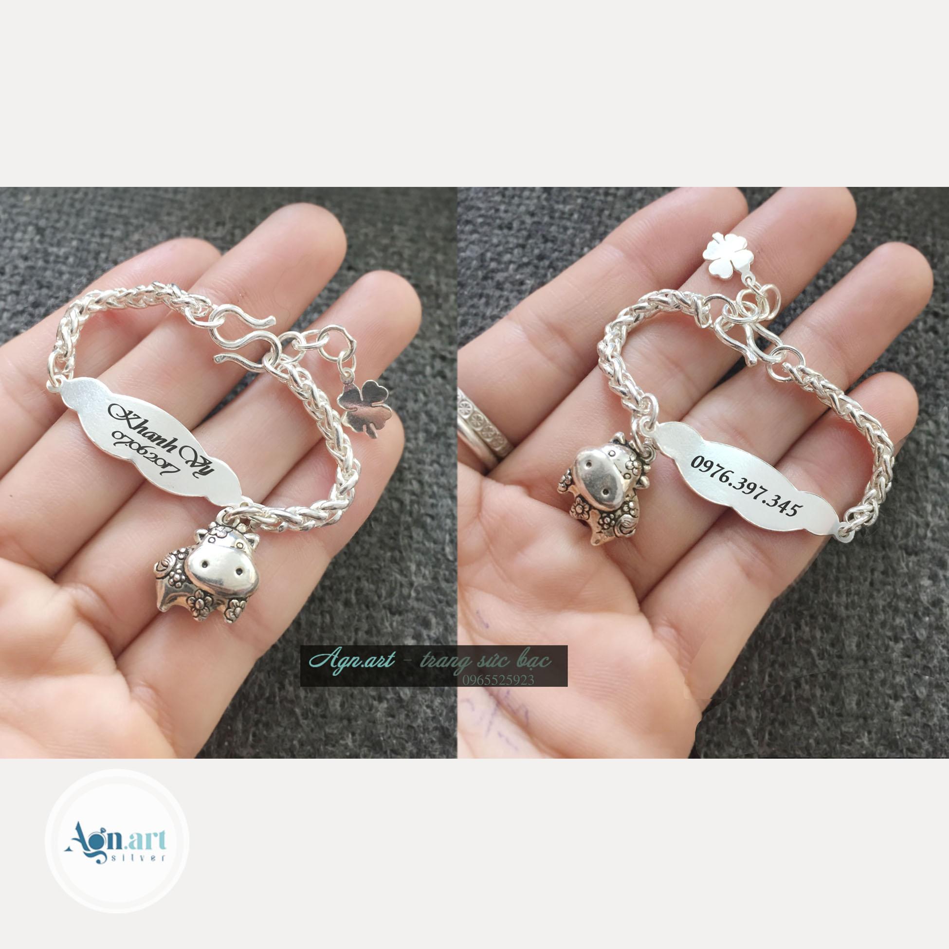 Lắc bạc trẻ em khắc chữ, charm tuổi 12 con giáp