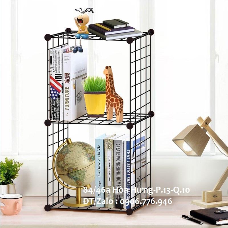 KỆ SÁCH LẮP RÁP THÔNG MINH- 2 TÂNG 2 Ô - BẰNG LƯỚI SẮT SƠN TĨNH ĐIỆN - MÀU ĐEN - CAO 70*RỘNG 35*DÀI 35cm - CHỊU LỰC 30KG