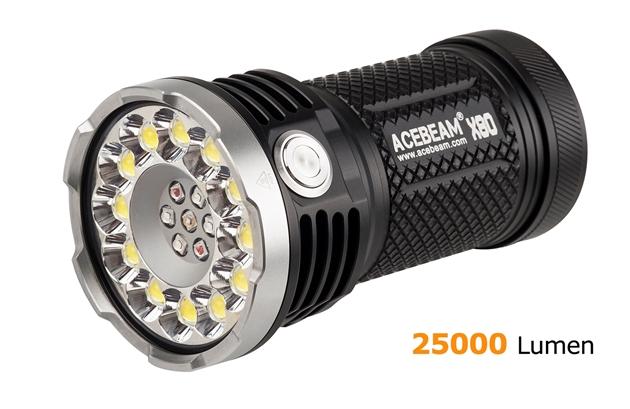 Acebeam x80 đèn pin kích thước nhỏ gọn độ sáng khủng 25000lm chiếu xa 332m với 5 màu ánh sáng trắng, đỏ, xanh lục, xanh lam, uv, sử dụng 04 pin acebeam 18650 3100mah dòng xả cao
