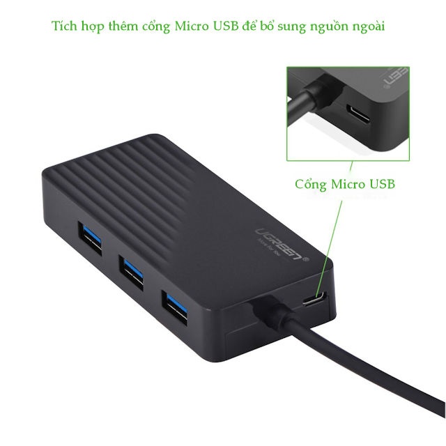 Hub USB 3 cổng 3.0 kèm 2 đầu mic và tai nghe cho âm thanh ngoài UGREEN CR134 Hub USB 3 cổng 3.0 kèm 2 đầu mic và tai nghe cho âm thanh ngoài UGREEN CR134
