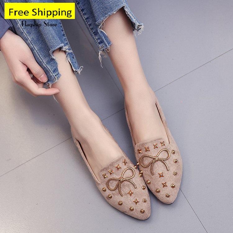Giày lười nữ mũi nhọn phối nơ đính kim loại thời trang FASHION2096 (Nhiều màu)