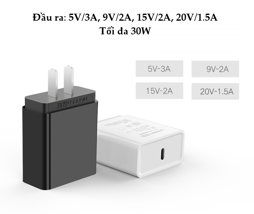 Cốc sạc nhanh cổng USB type C chân cắm kiểu USA UGREEN CD127 Cốc sạc nhanh cổng USB type C chân cắm kiểu USA UGREEN CD127