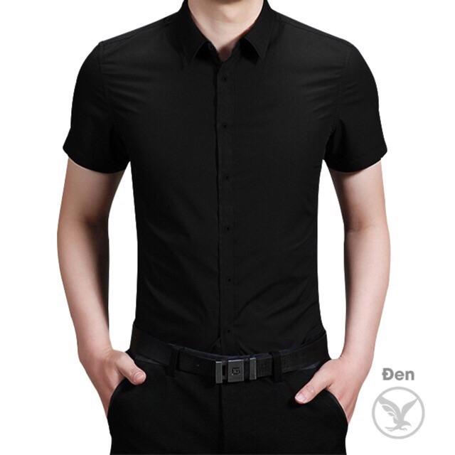 Áo sơ mi nam Cộc Tay Đen dáng body Hàn Quốc không nhăn, Áo sơ mi nam Ngắn Tay Đen