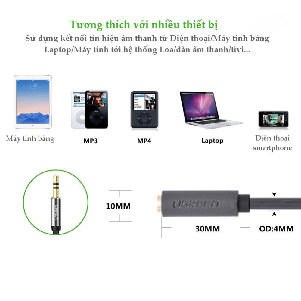 Cáp chuyển âm thanh jack 3.5mm cái sang 2 đầu hoa sen RCA đực UGREEN AV111 Cáp chuyển âm thanh jack 3.5mm cái sang 2 đầu hoa sen RCA đực UGREEN AV111