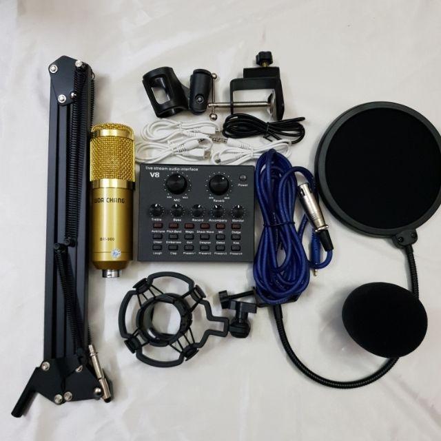 bộ combo thu âm livestram karaoke míc woaichang bm900,sound card V8 và chân kẹp màng lọc âm BH 6 tháng đổi mới