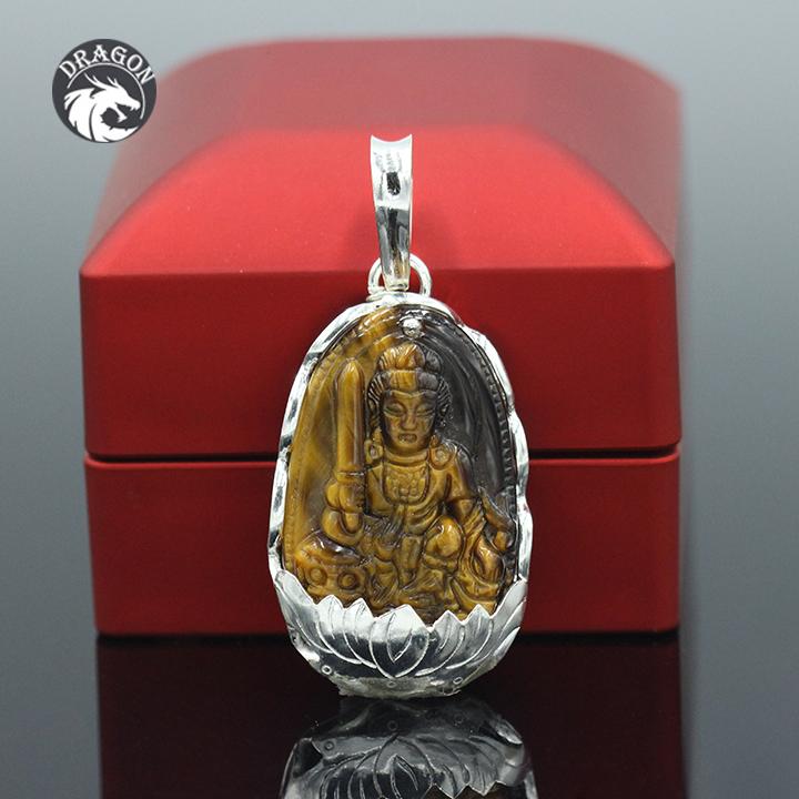 Mặt dây chuyền đẹp, dây chuyền phật, mặt phong thủy, mặt dây chuyền văn thù bồ tát mini chất liệu đá mắt hổ bọc bạc - bạc nam dragon