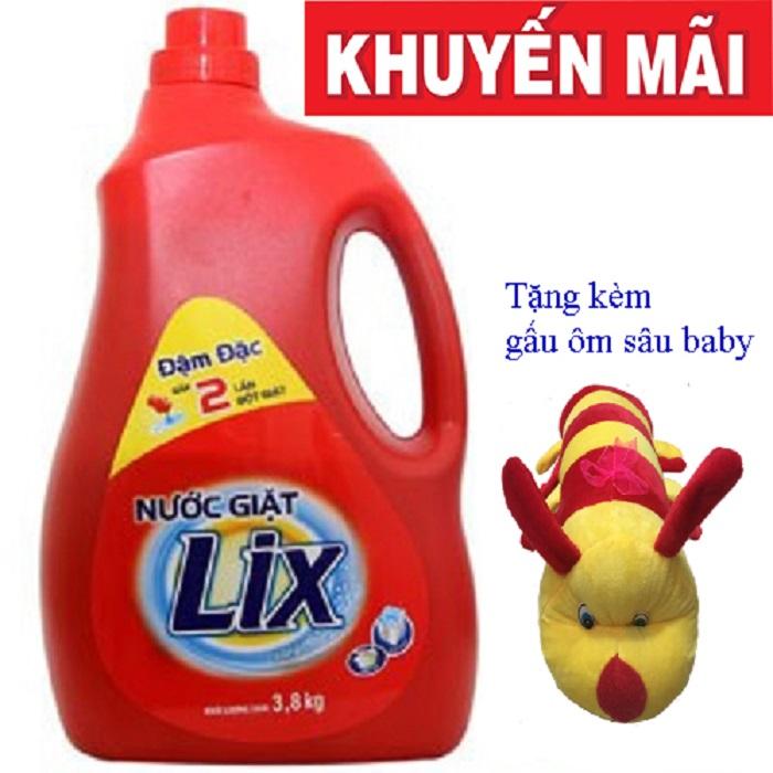 Nước giặt Lix Đậm đặc chai 3,8kg tặng gối ôm hình sâu cho bé