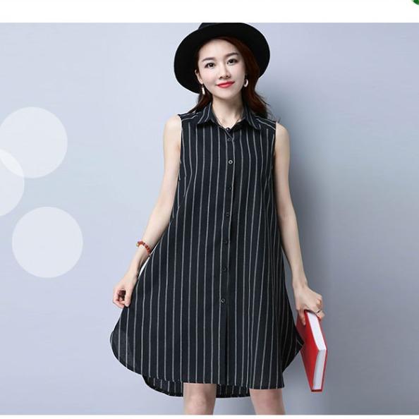 Sơ mi dáng dài kẻ sọc xẻ đuôi tôm trẻ chung-DS80