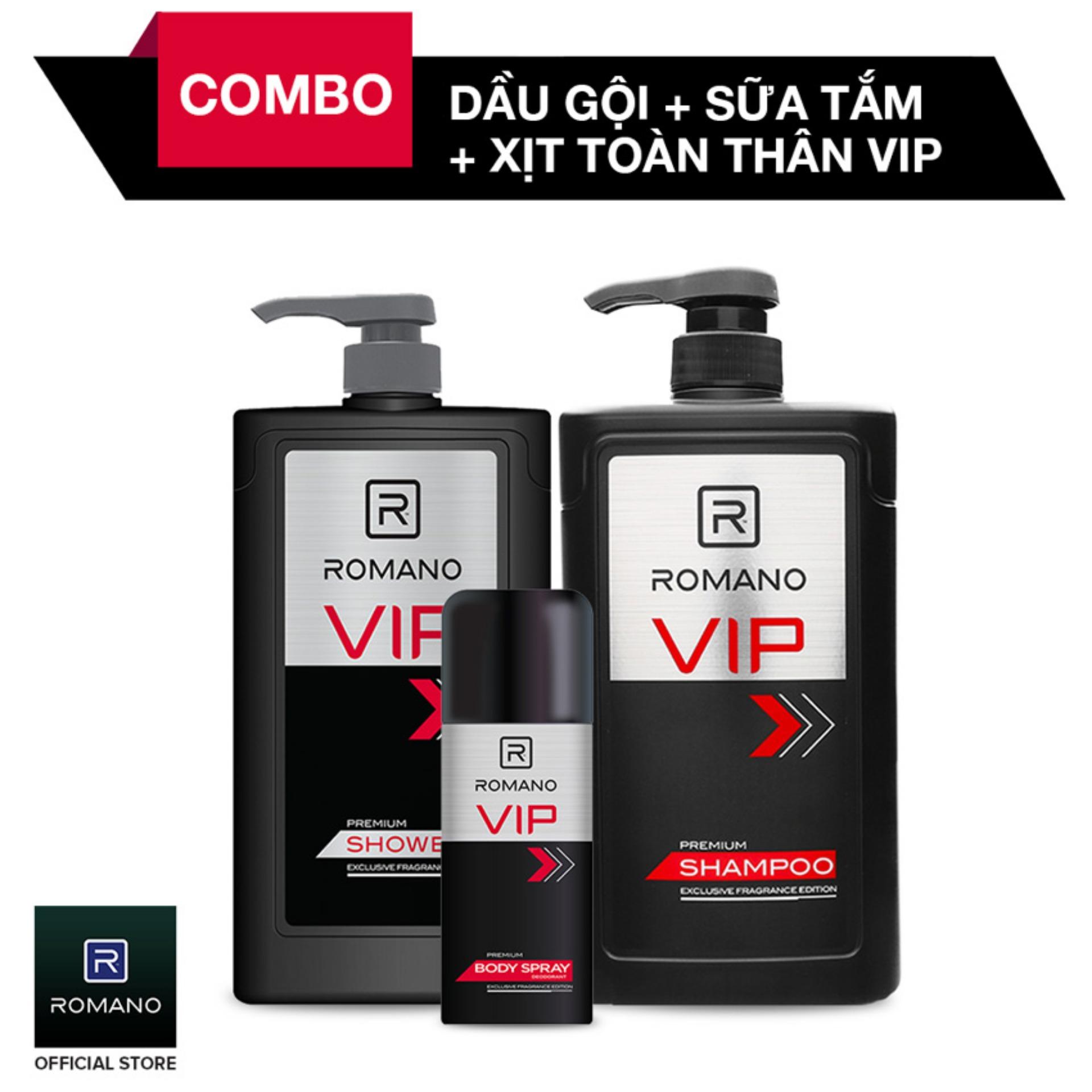 Combo Romano Sữa Tắm VIP 650gr + Dầu Gội VIP 650gr + Xịt ngăn mùi toàn thân VIP 150ml