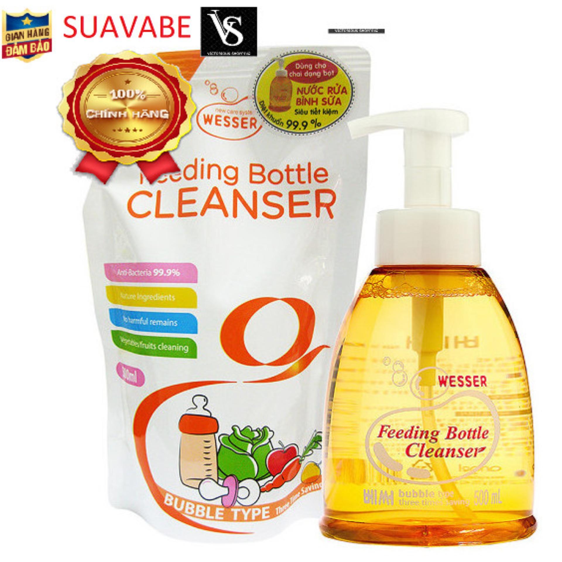 Bộ 1 chai và 1 gói nước rửa bình sữa Wesser 500ml