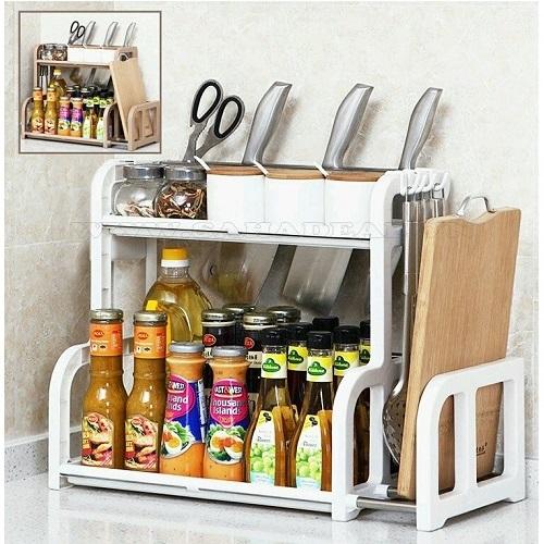 Kệ đựng gia vị nhà bếp 2 tầng chữ H kèm khay để thớt