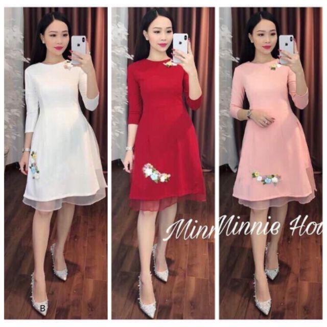 Áo dài cách tân voan lụa thêu hoa & chân váy lưới sành điệu