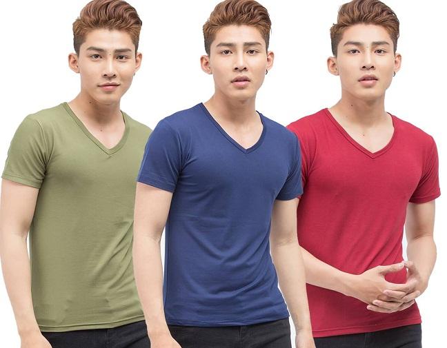 [HCM]Combo 3 áo thun nam body cổ tim mềm mịn thấm hút tốt ( xanh đen xanh rêu đỏ đô )