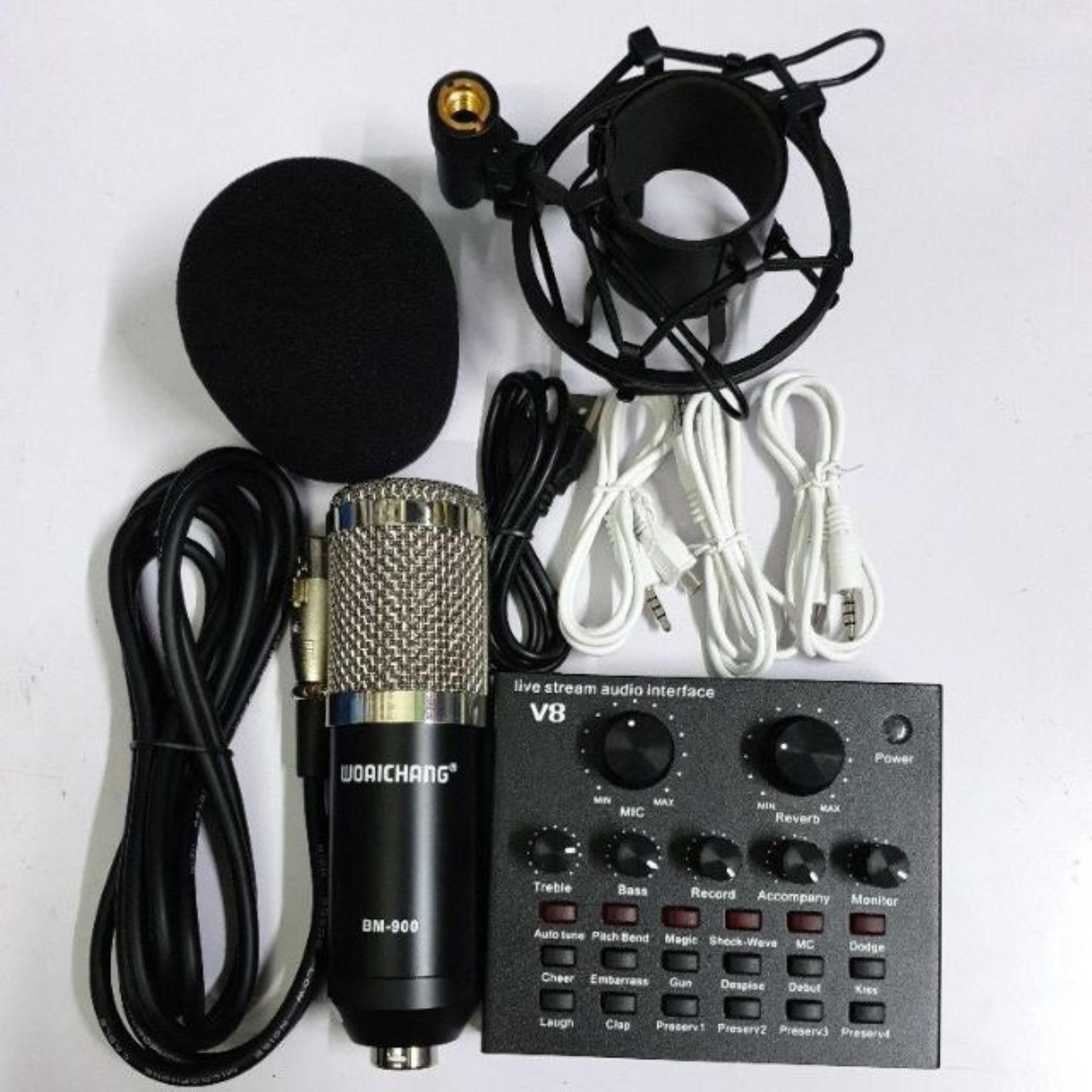 mic thu âm livestream hát karaoke online micro woaichang bm900 card v8