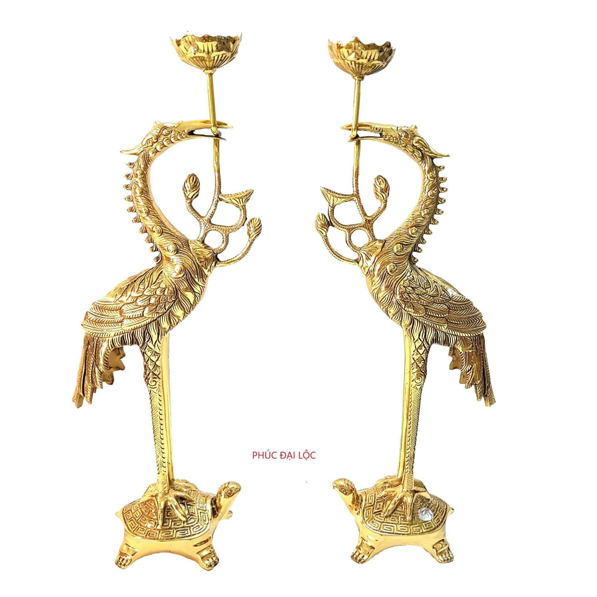 Đôi hạc thờ Đồng Việt số 2 cao 44 cm màu vàng sáng bóng