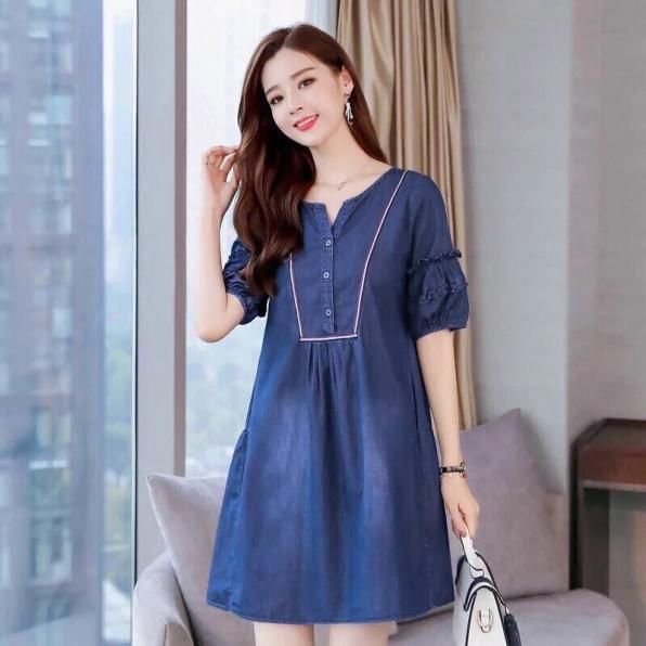 Đầm jean chữ a cổ phối viền