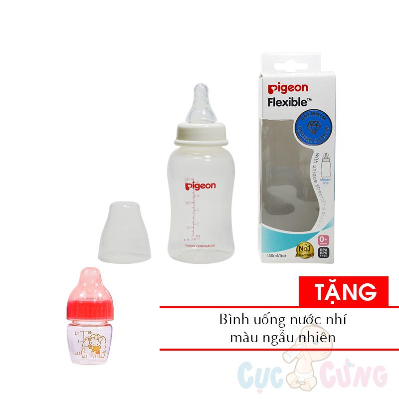 Bình sữa Pigeon Streamline 150ml nhựa PP cổ thường TẶNG 1 bình uống nước nhí màu ngẫu nhiên