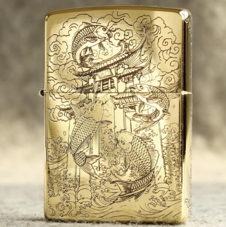 Zippo cá chép hoa sen 5 mặt đồng thau bảo hành trọn đời